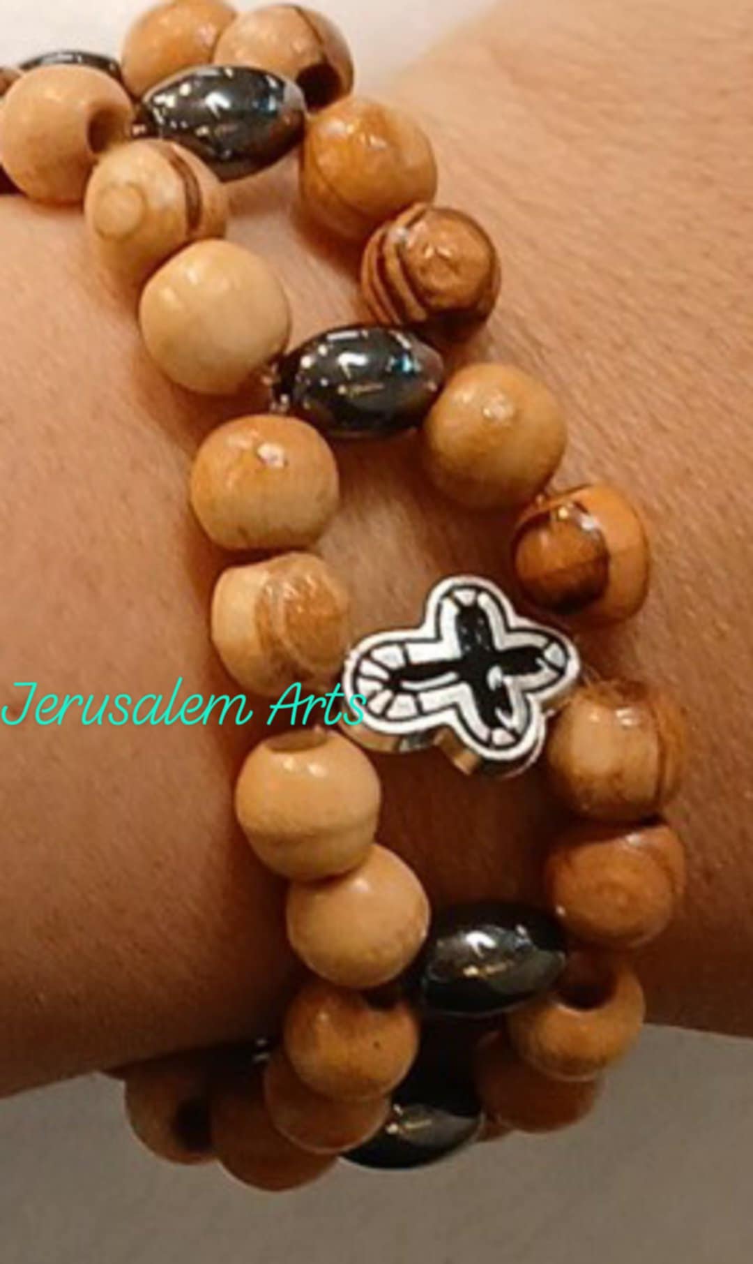 Bracelet olive wood beads and hematite stones