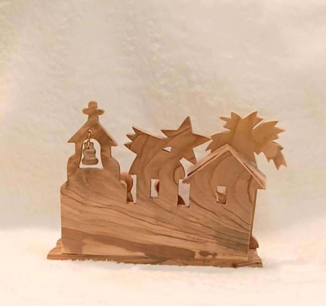 Nativity seen olive wood Hand made from the Holy Land with cross and bell
