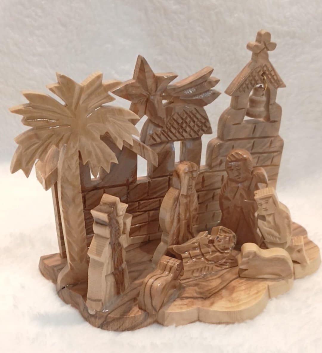 Nativity seen olive wood Hand made from the Holy Land with cross and bell