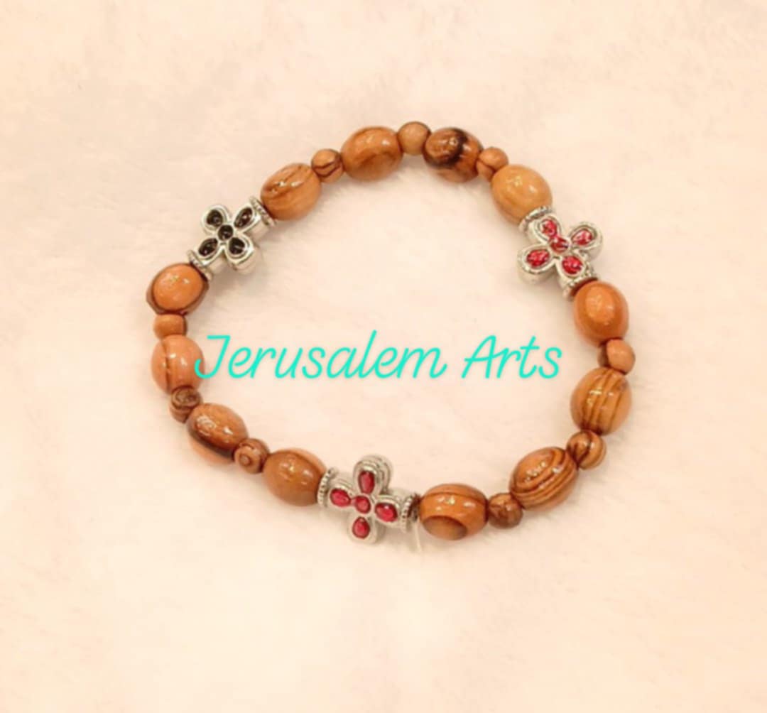 Bracelet olive wood with black and red cross