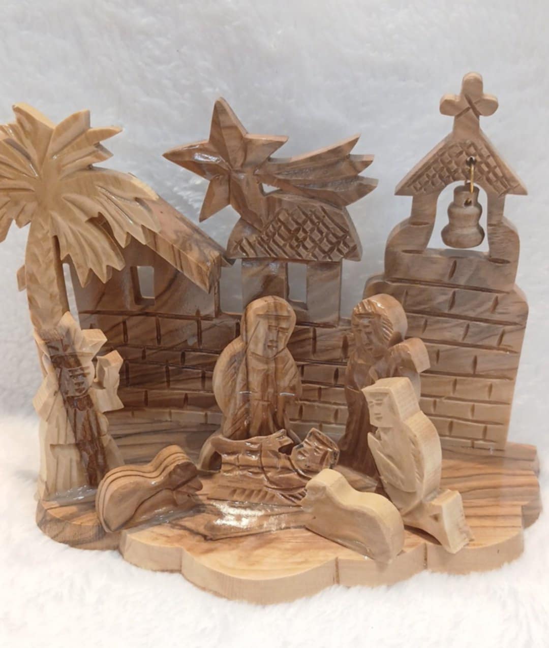 Nativity seen olive wood Hand made from the Holy Land with cross and bell