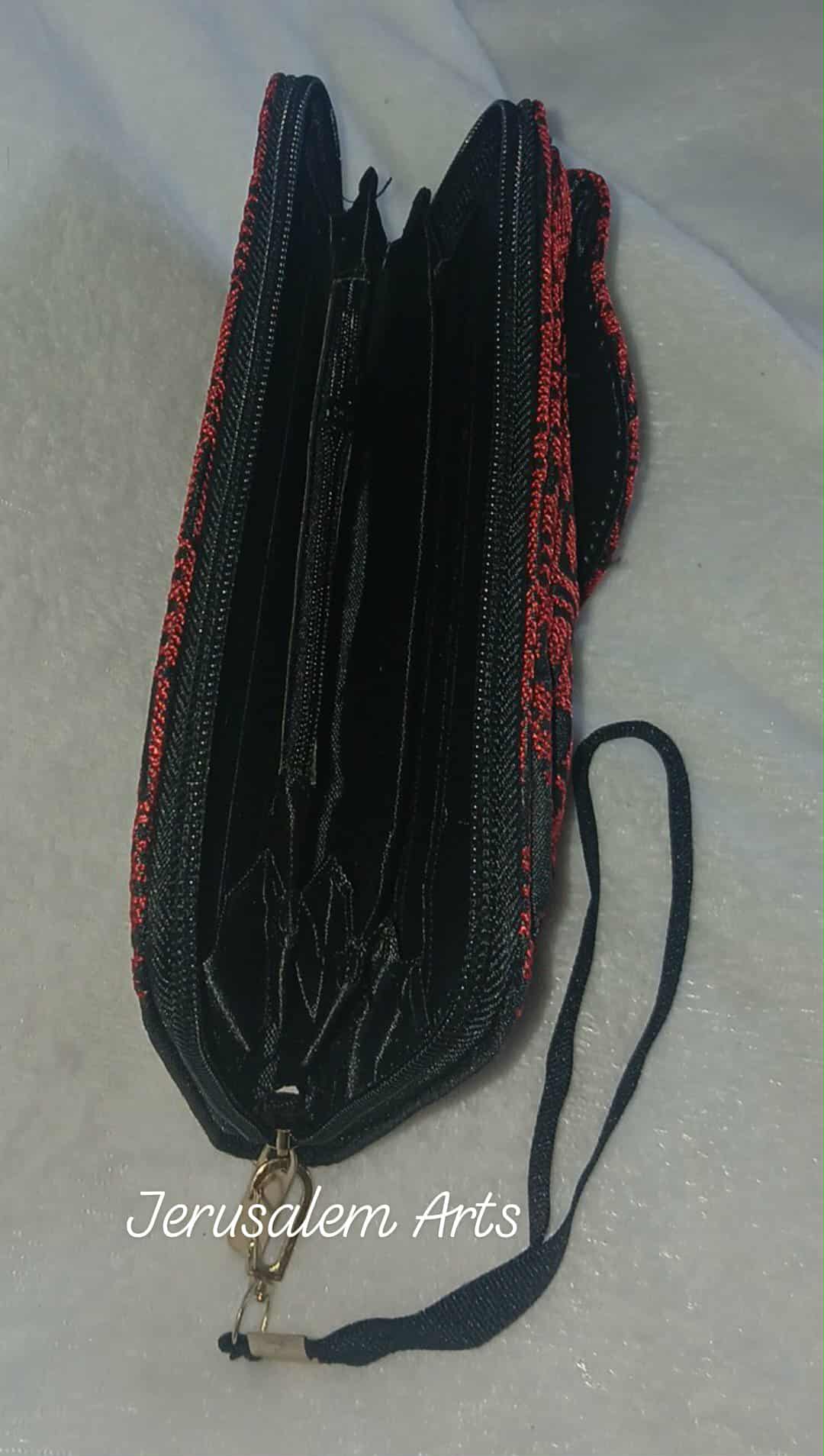 Embroidery wallet unique black and red zip purse for woman and girls also have a pocket for phone .