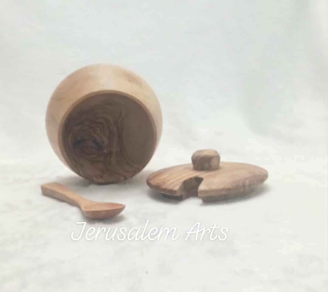 Spices jar with spoon olive wood handcrafted in the HolyLand