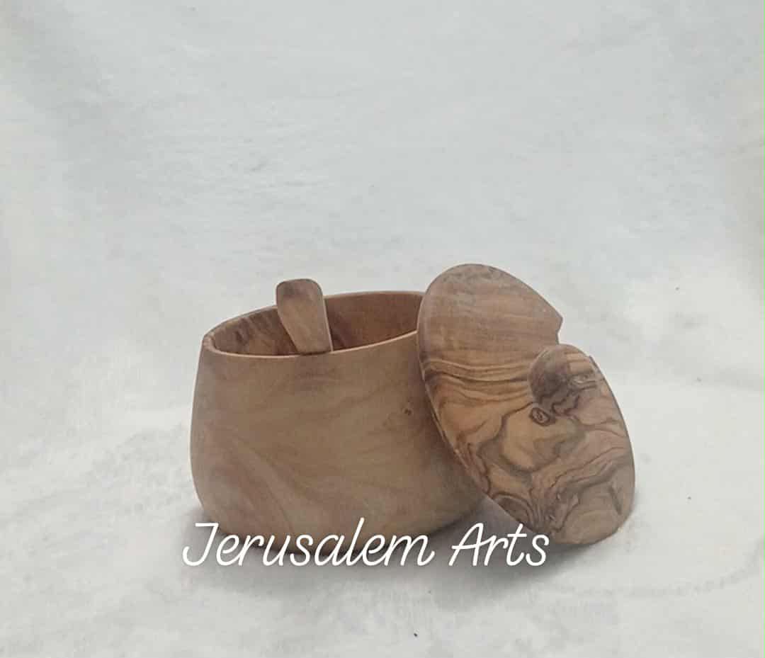 Spices jar with spoon olive wood handcrafted in the HolyLand