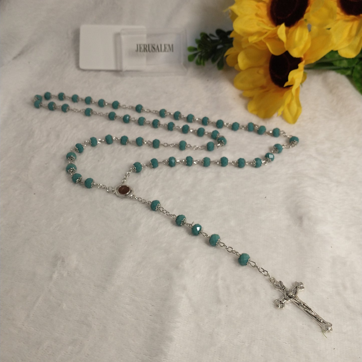 Crystal Dark Blue green hand made rossay with holy soil from Jerusalem . For Prayers .first communion . Baptism .