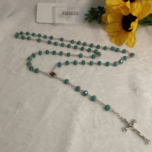 Crystal Dark Blue green hand made rossay with holy soil from Jerusalem . For Prayers .first communion . Baptism .