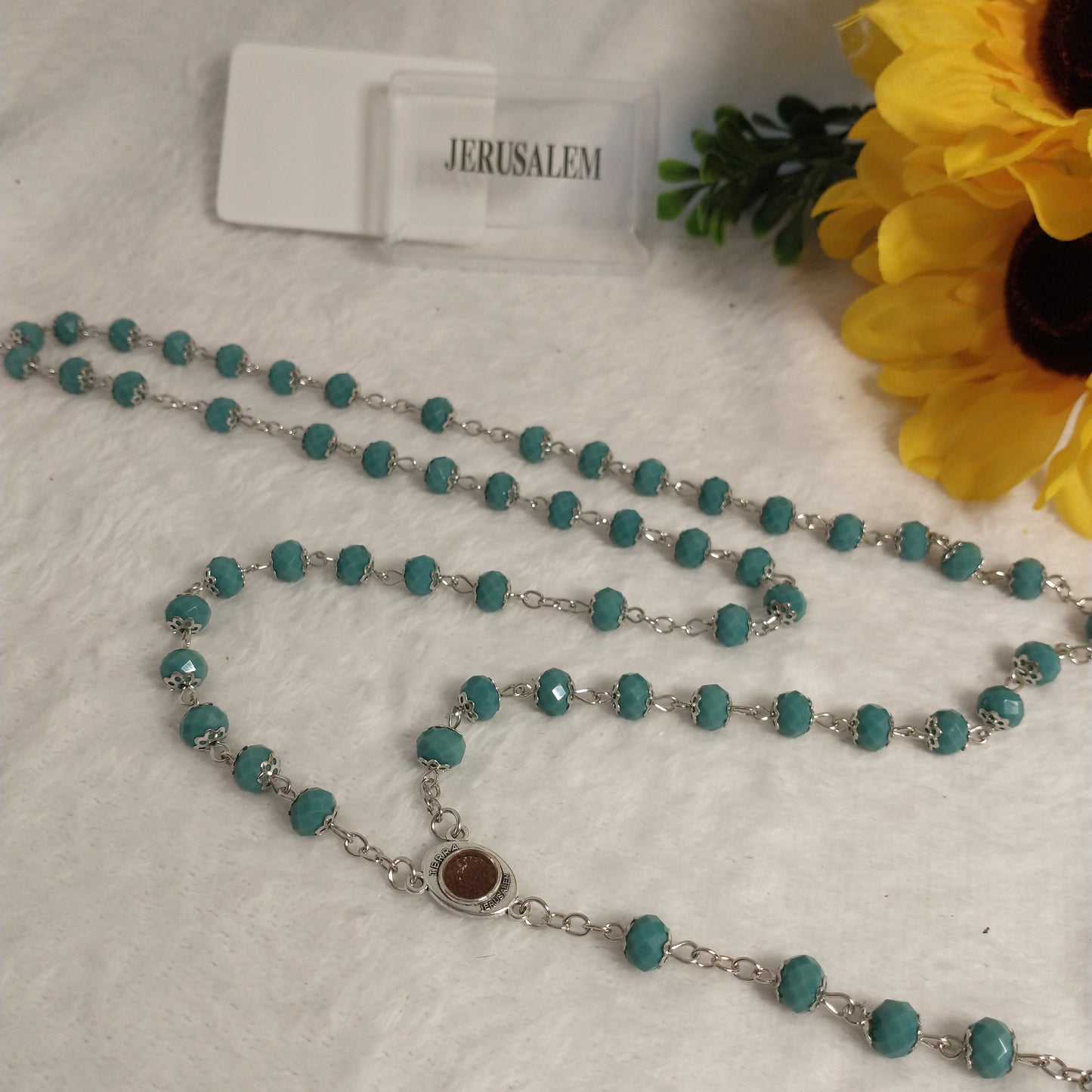 Crystal Dark Blue green hand made rossay with holy soil from Jerusalem . For Prayers .first communion . Baptism .