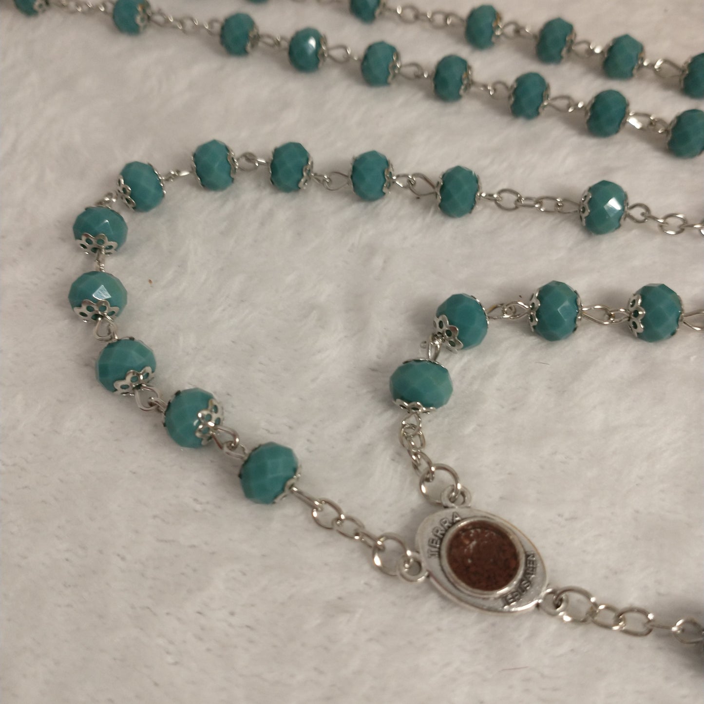 Crystal Dark Blue green hand made rossay with holy soil from Jerusalem . For Prayers .first communion . Baptism .