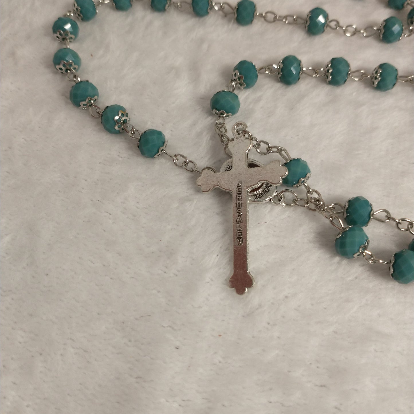 Crystal Dark Blue green hand made rossay with holy soil from Jerusalem . For Prayers .first communion . Baptism .
