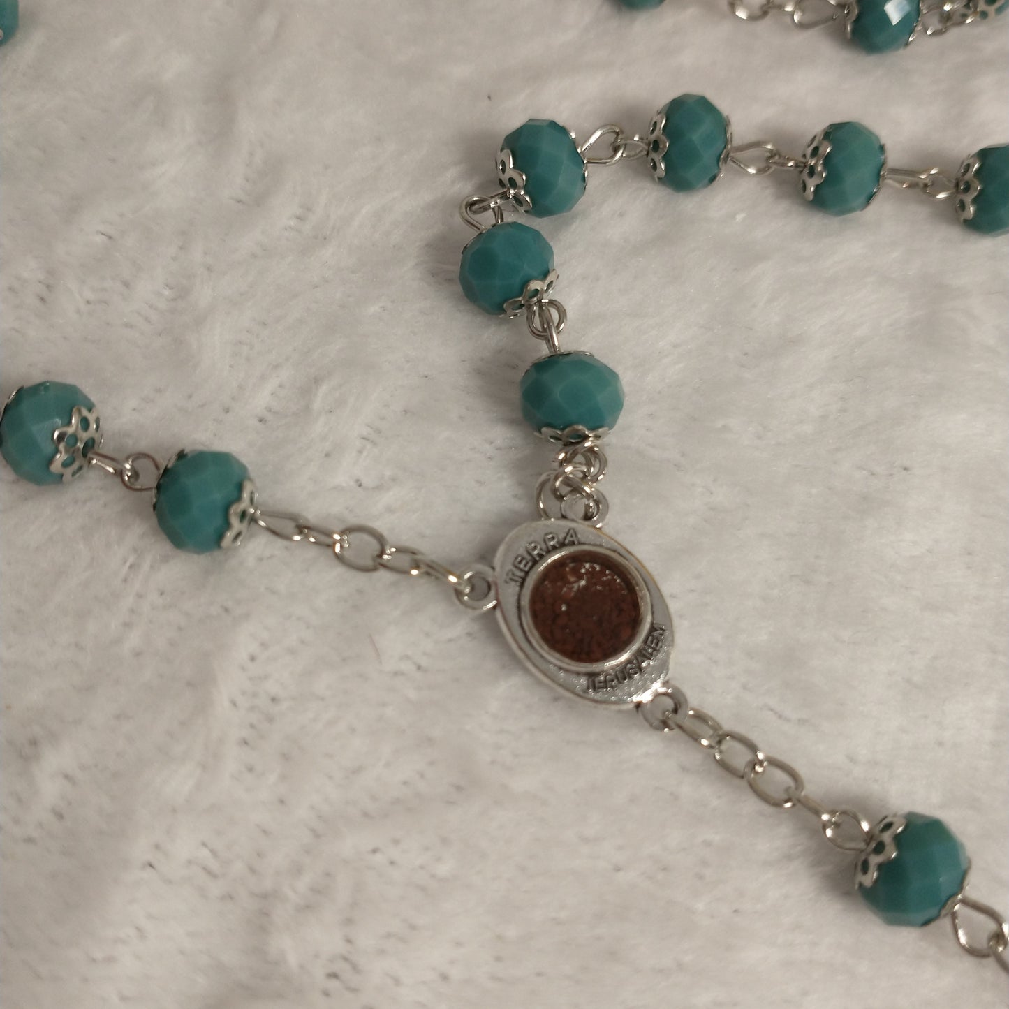 Crystal Dark Blue green hand made rossay with holy soil from Jerusalem . For Prayers .first communion . Baptism .