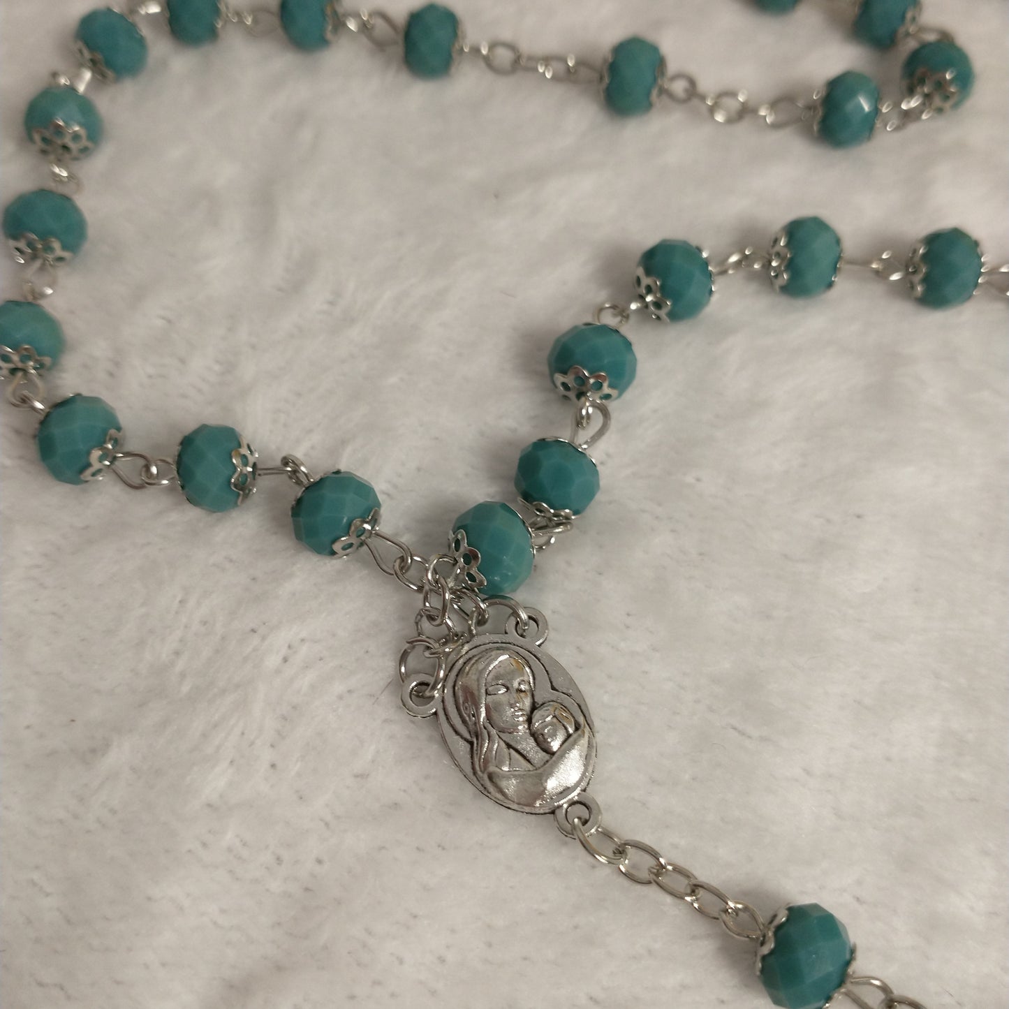 Crystal Dark Blue green hand made rossay with holy soil from Jerusalem . For Prayers .first communion . Baptism .