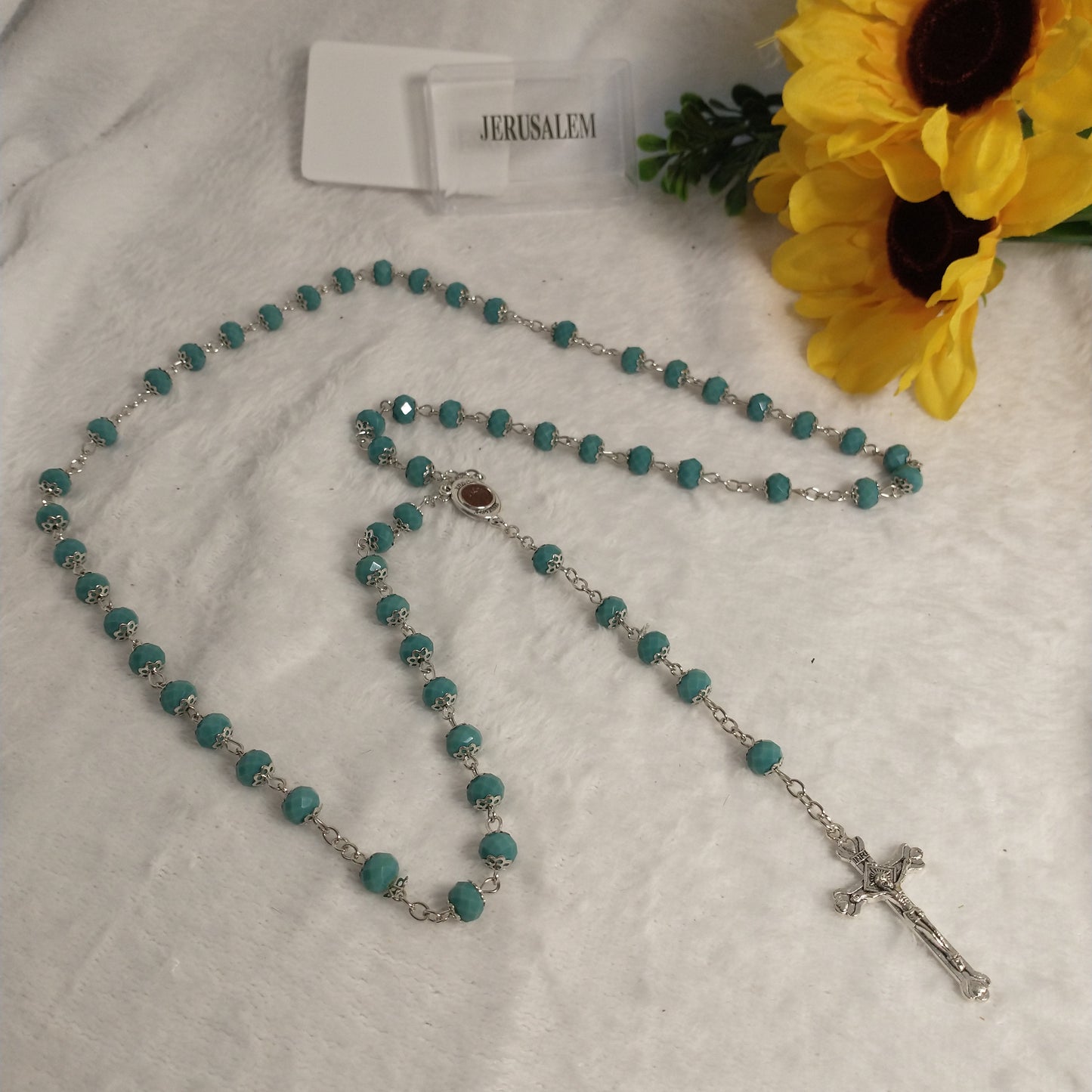 Crystal Dark Blue green hand made rossay with holy soil from Jerusalem . For Prayers .first communion . Baptism .