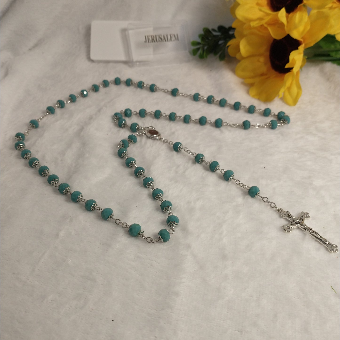 Crystal Dark Blue green hand made rossay with holy soil from Jerusalem . For Prayers .first communion . Baptism .