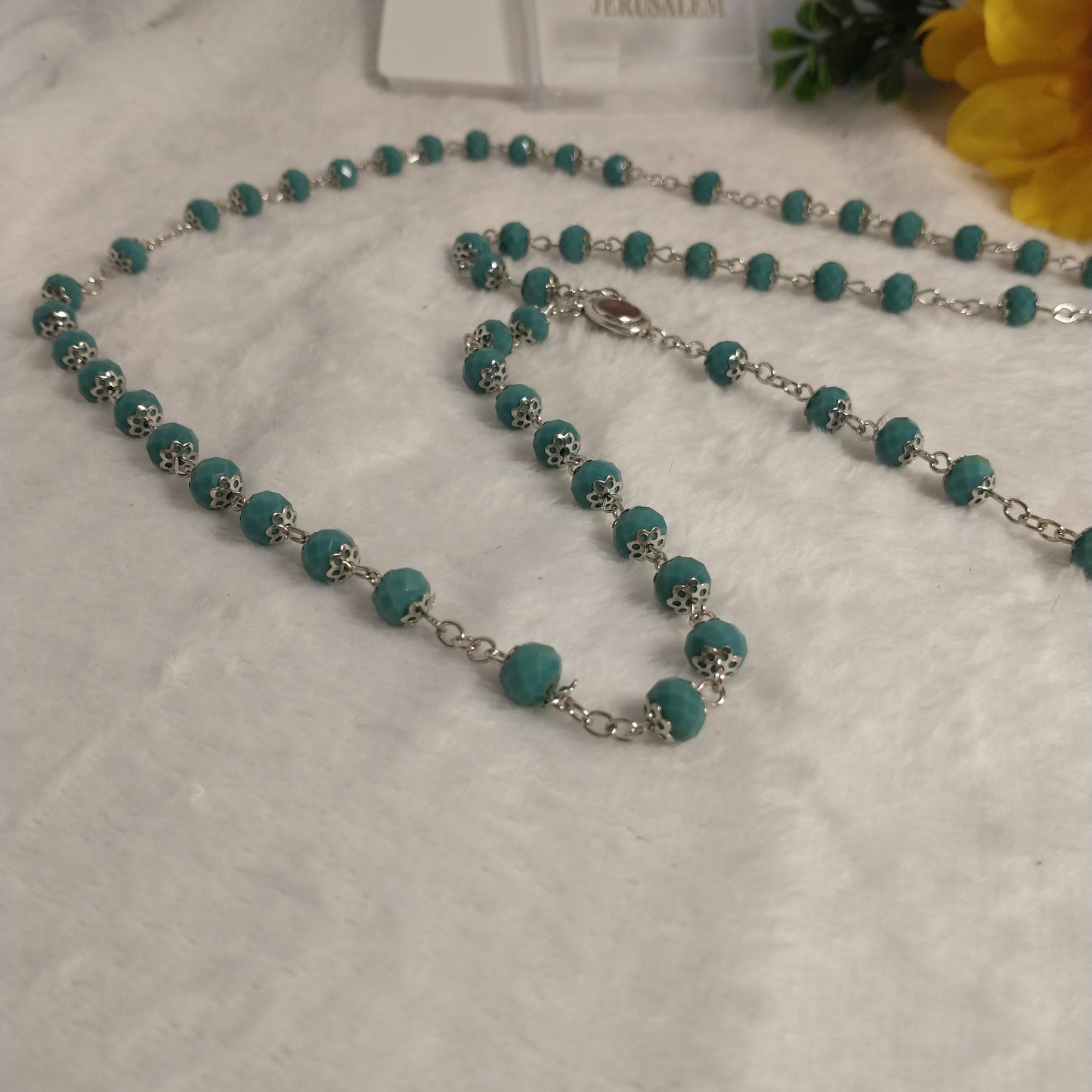Crystal Dark Blue green hand made rossay with holy soil from Jerusalem . For Prayers .first communion . Baptism .
