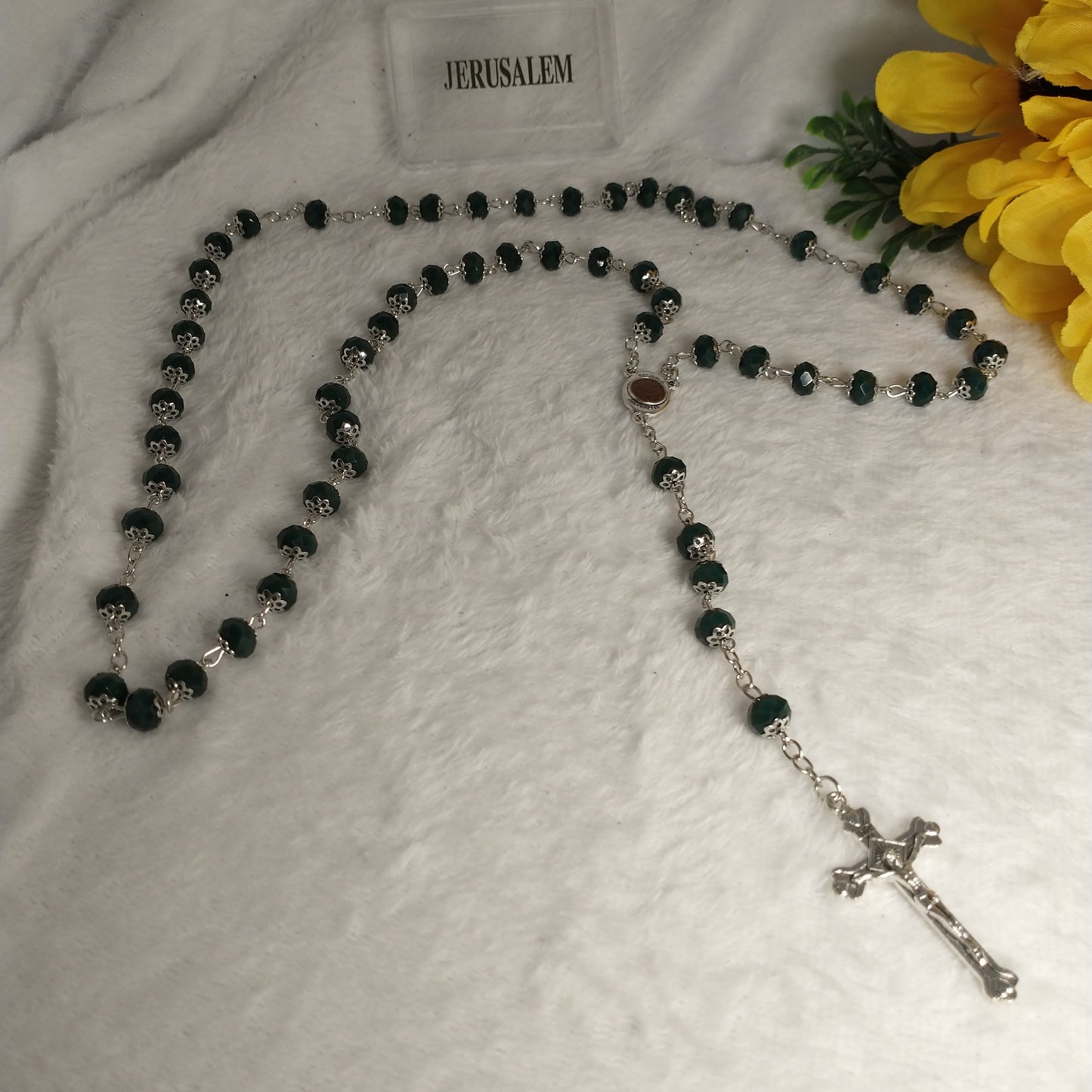Crystal too Dark green colors hand made .with holy soil from Jerusalem . This rossary for prayers .first communion . Baptism