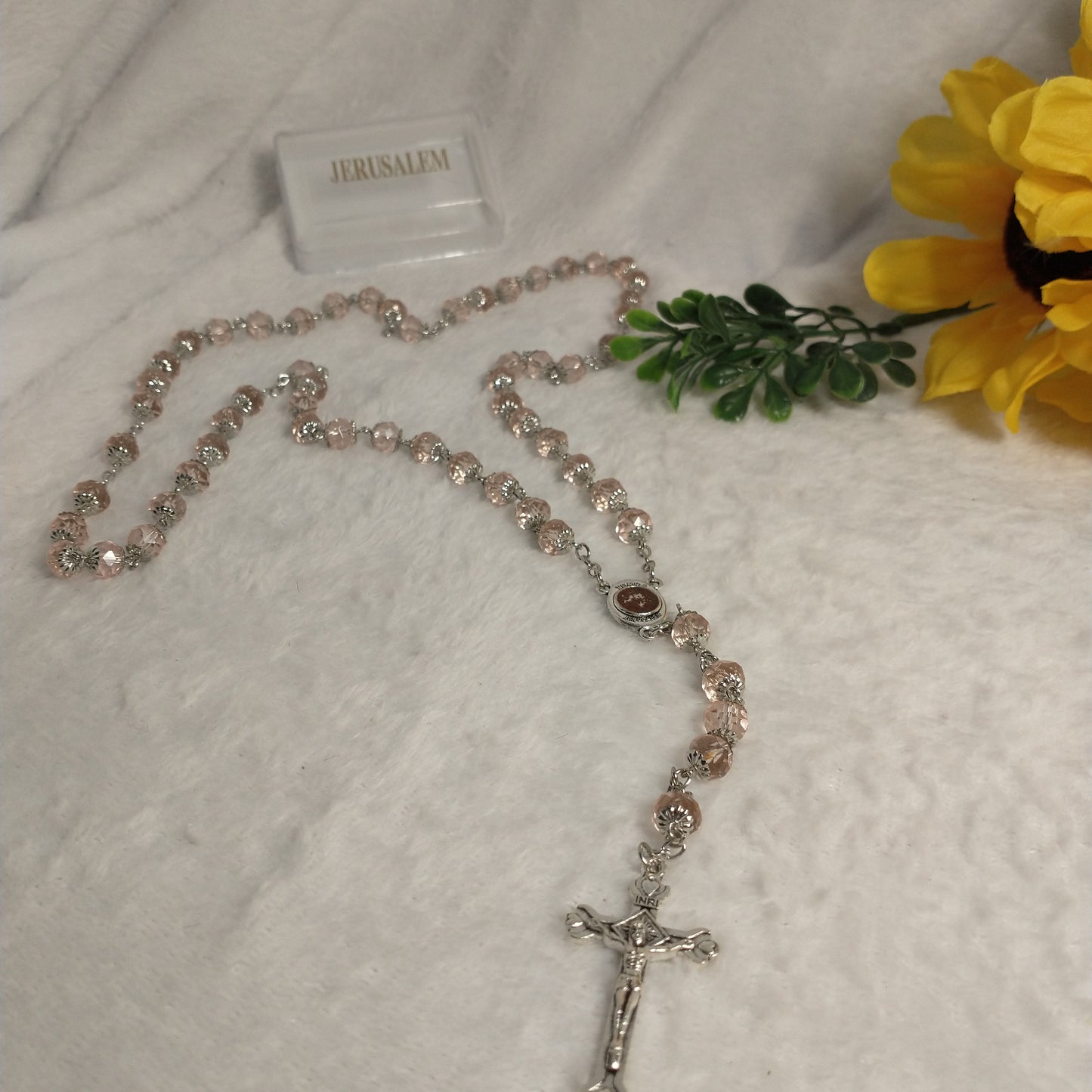Crystal light clear pink rosary with soil from Jerusalem .hand made this rosary for pryers First Communion . Baptism