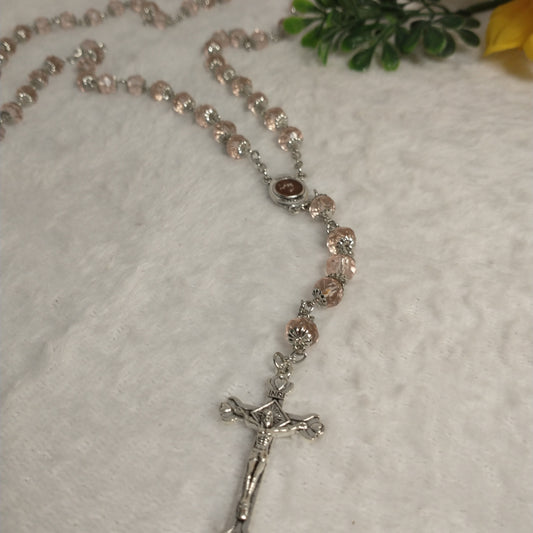 Crystal light clear pink rosary with soil from Jerusalem .hand made this rosary for pryers First Communion . Baptism