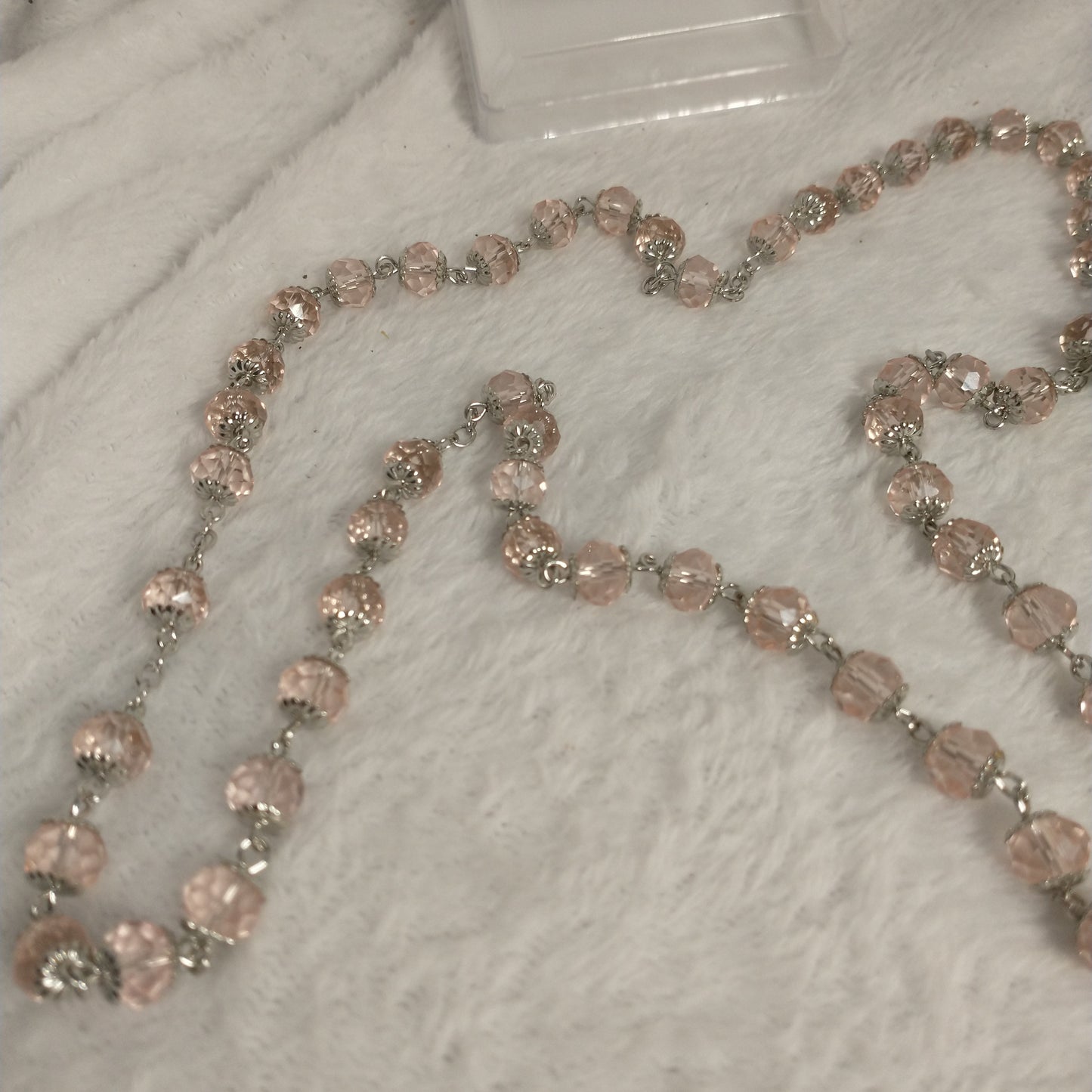 Crystal light clear pink rosary with soil from Jerusalem .hand made this rosary for pryers First Communion . Baptism