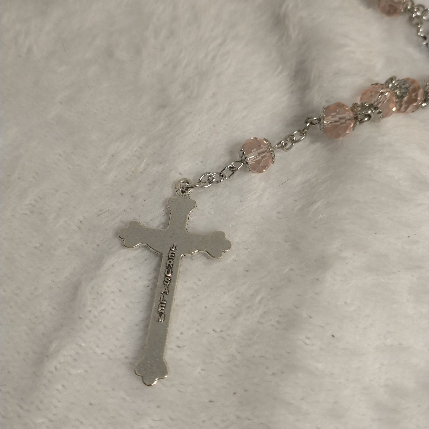 Crystal light clear pink rosary with soil from Jerusalem .hand made this rosary for pryers First Communion . Baptism
