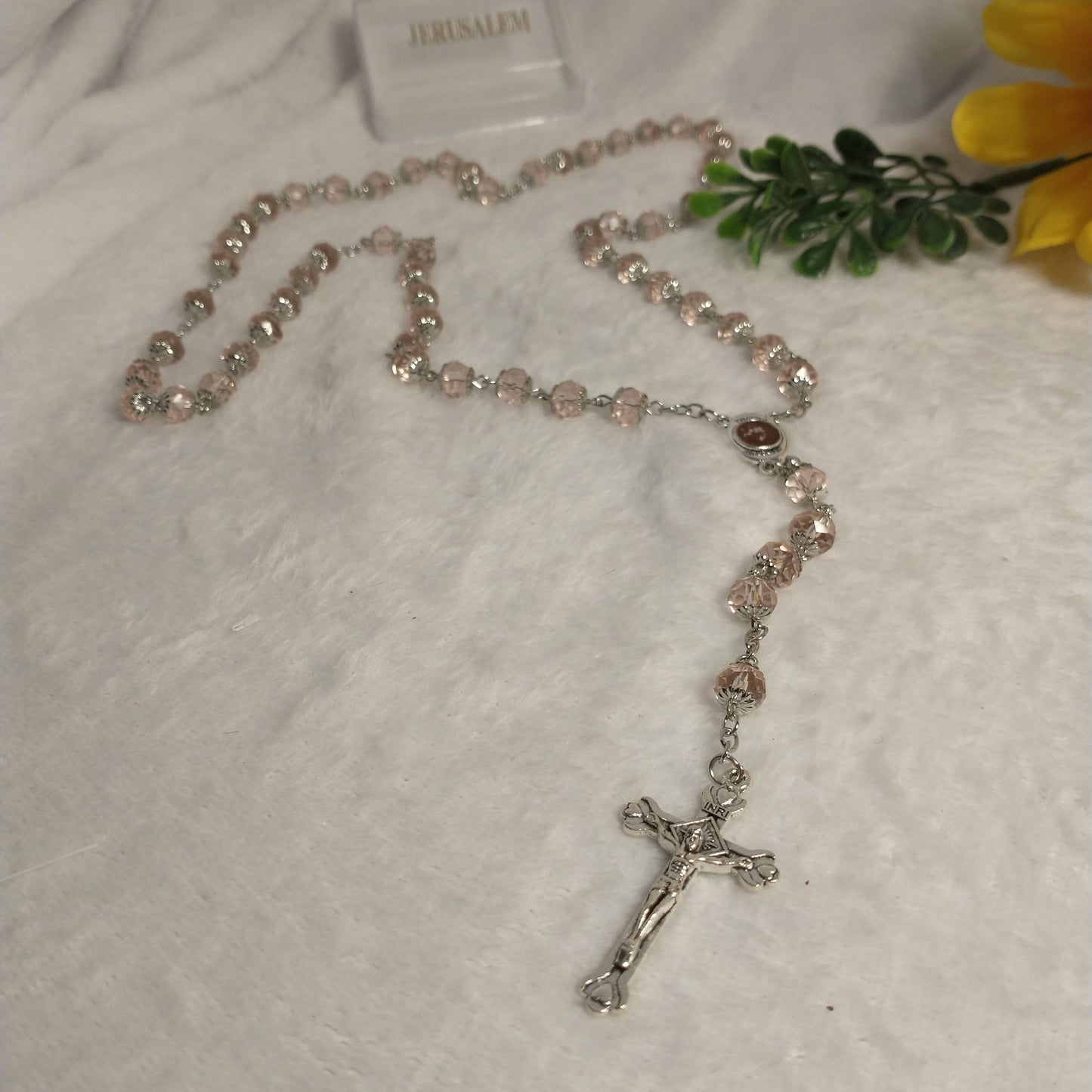 Crystal light clear pink rosary with soil from Jerusalem .hand made this rosary for pryers First Communion . Baptism