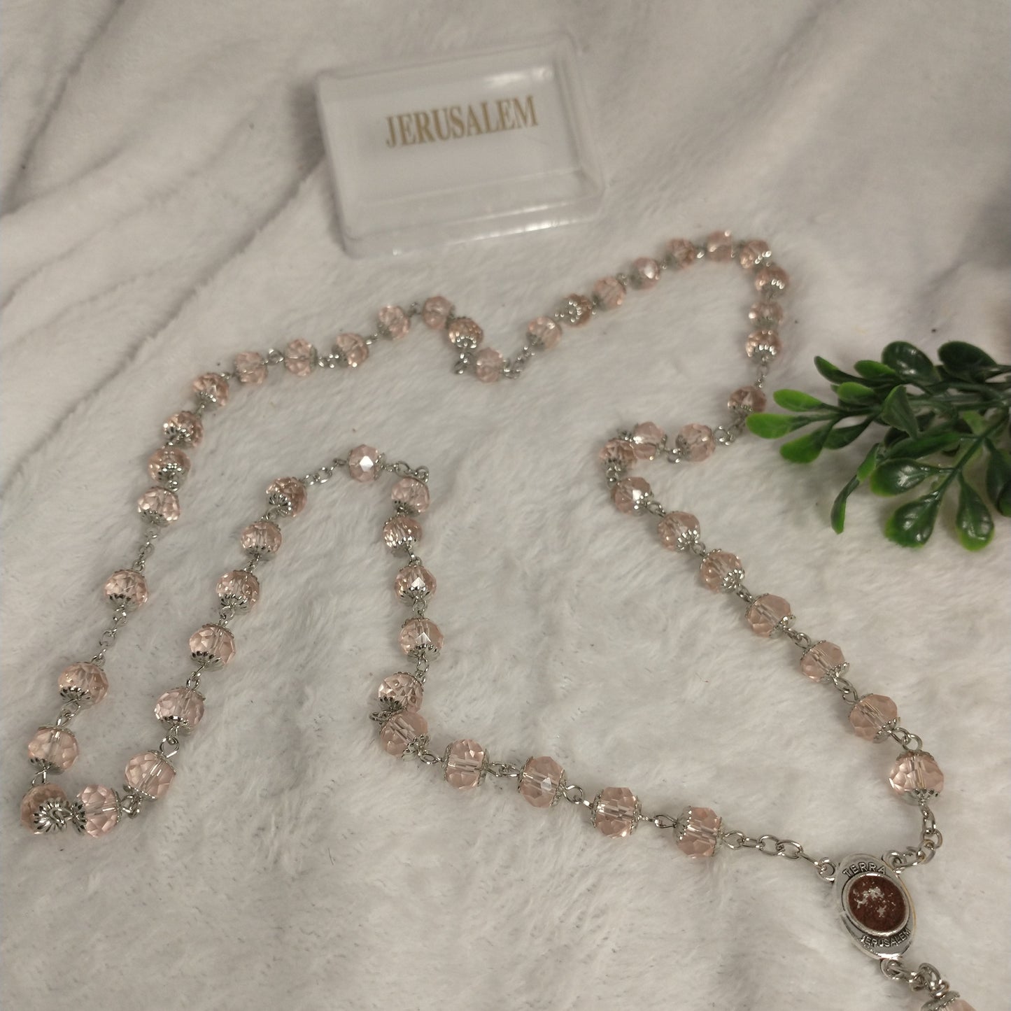 Crystal light clear pink rosary with soil from Jerusalem .hand made this rosary for pryers First Communion . Baptism