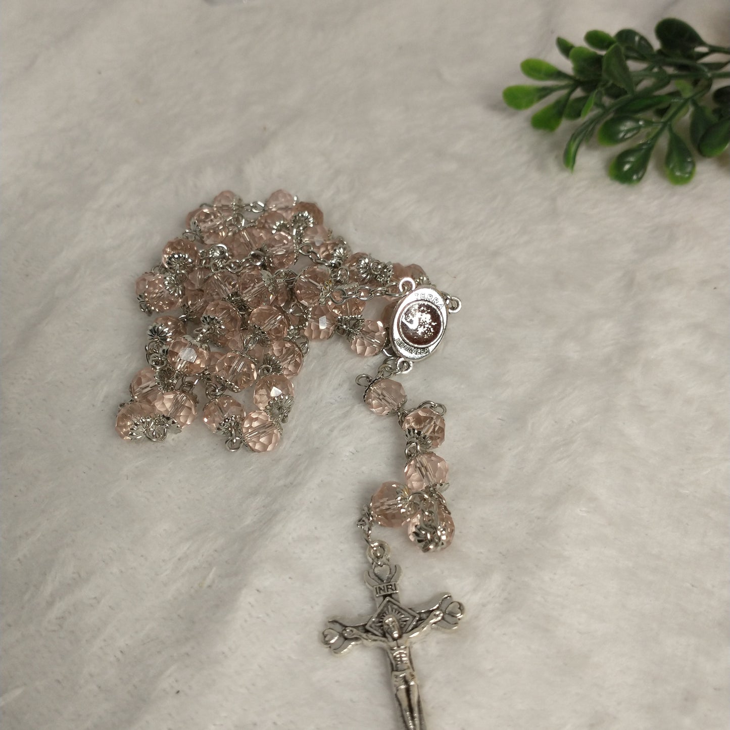 Crystal light clear pink rosary with soil from Jerusalem .hand made this rosary for pryers First Communion . Baptism