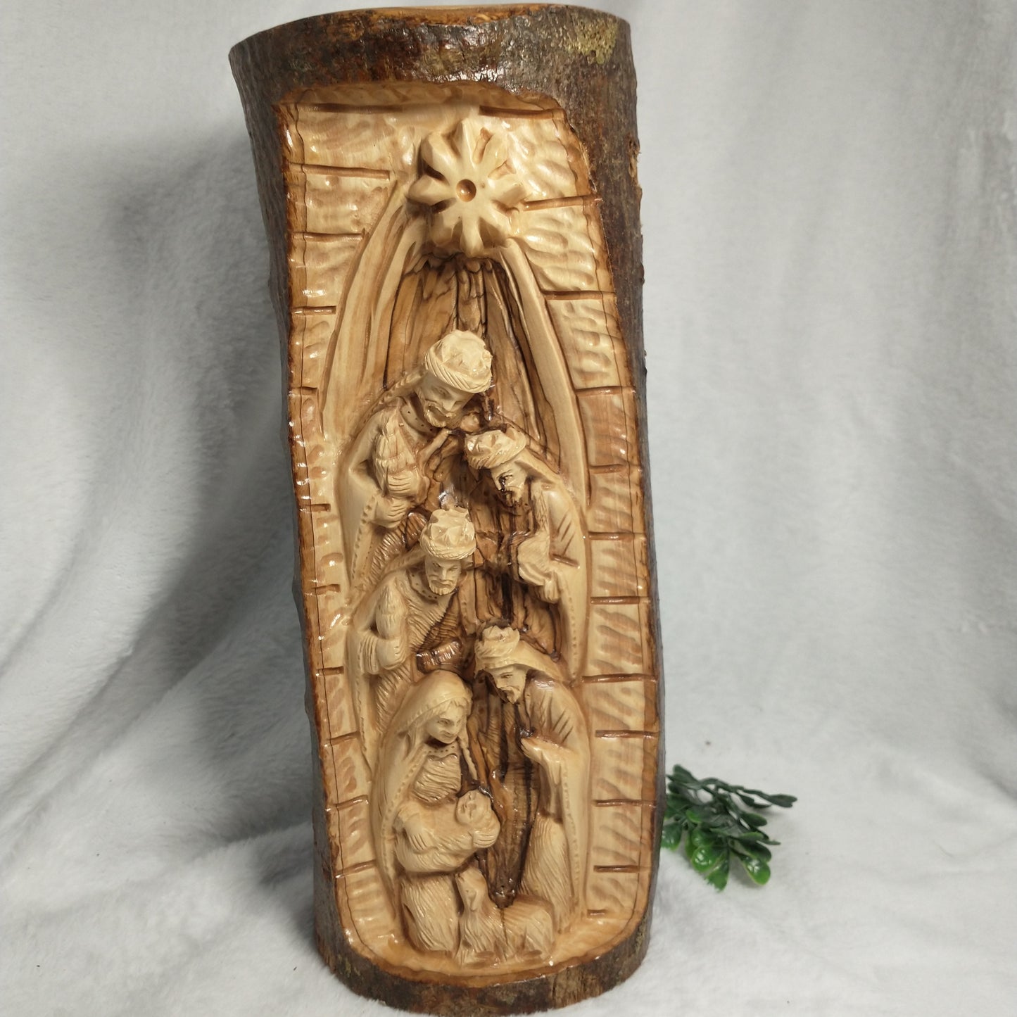 Natural branch olive wood Hand Carved Nativity Set .