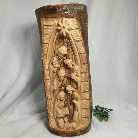 Natural branch olive wood Hand Carved Nativity Set .