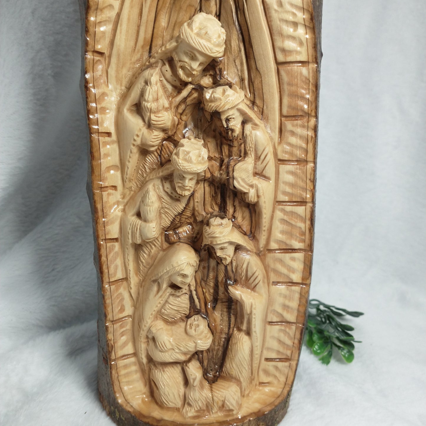 Natural branch olive wood Hand Carved Nativity Set .