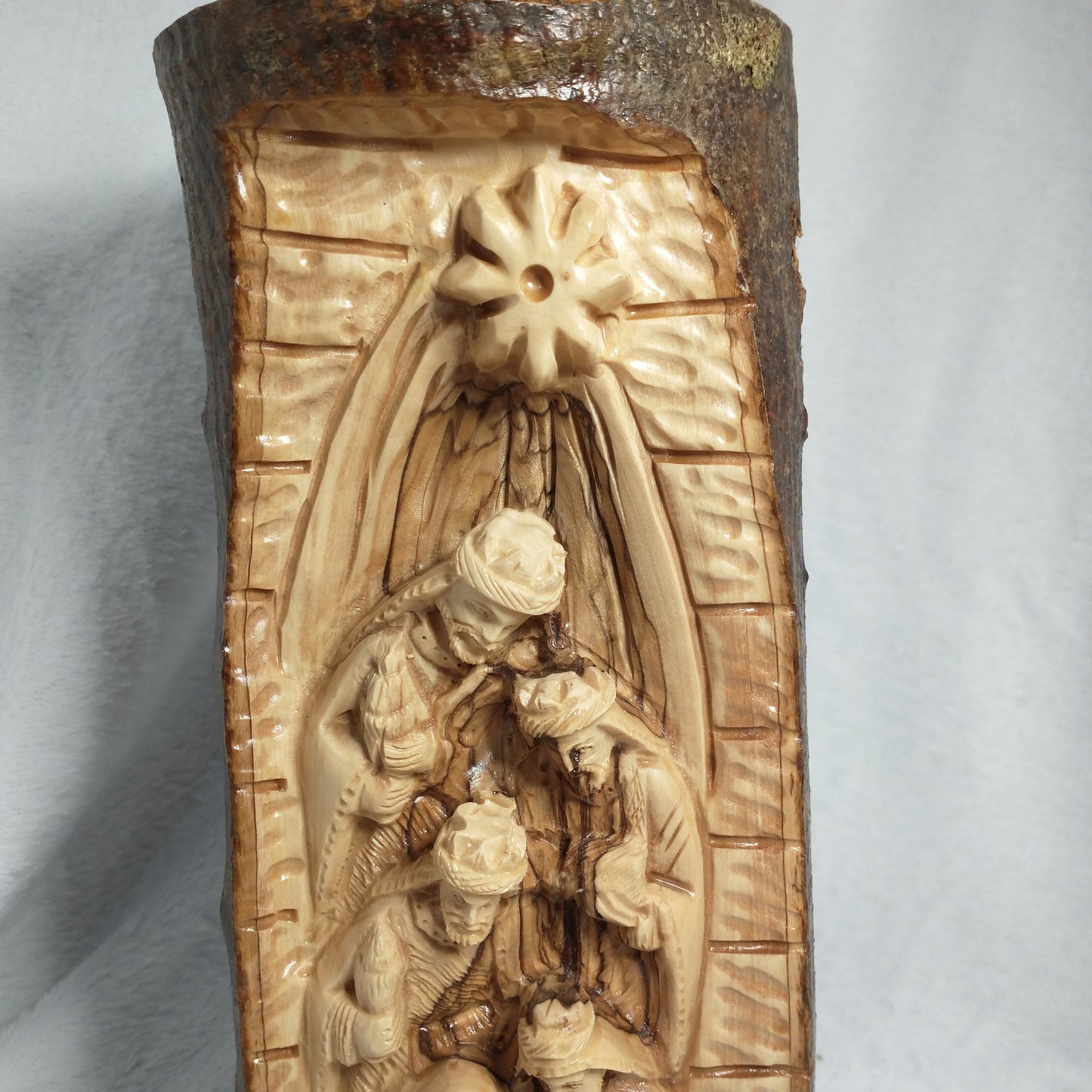Natural branch olive wood Hand Carved Nativity Set .