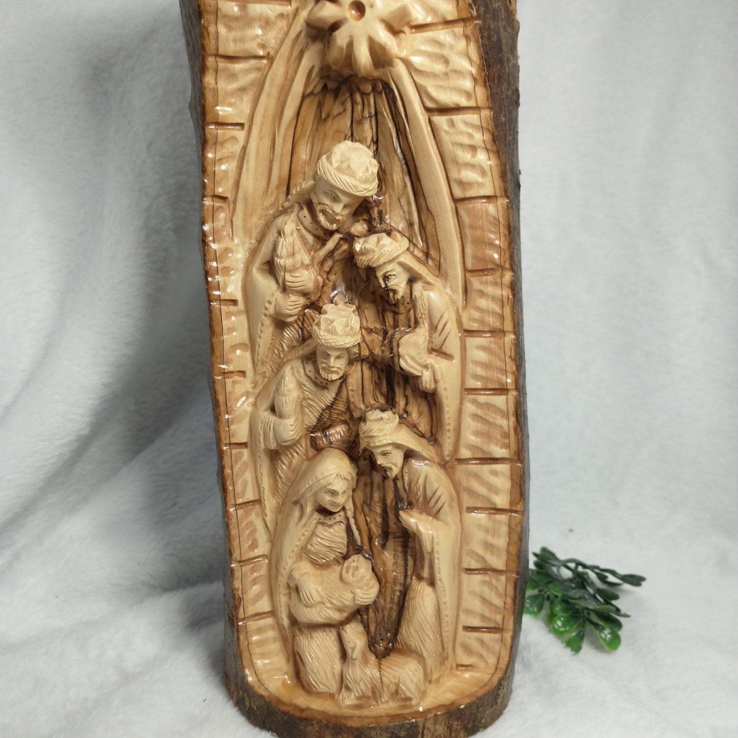 Natural branch olive wood Hand Carved Nativity Set .