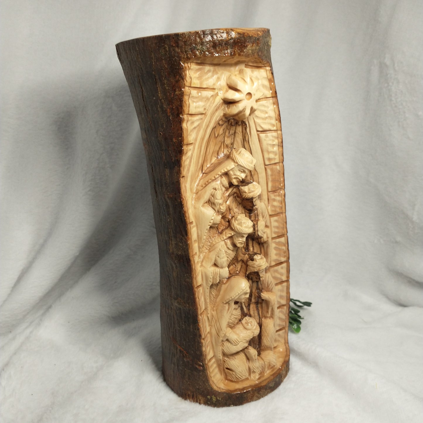 Natural branch olive wood Hand Carved Nativity Set .