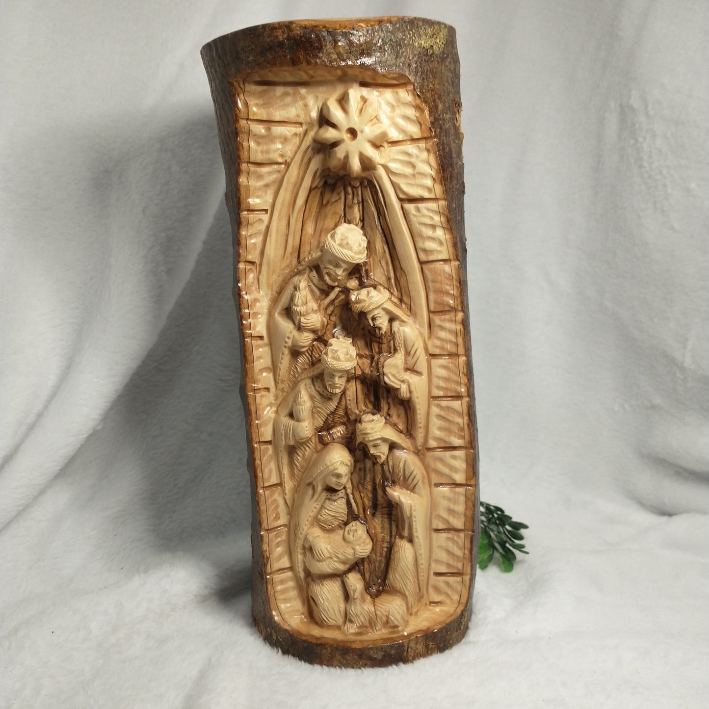 Natural branch olive wood Hand Carved Nativity Set .