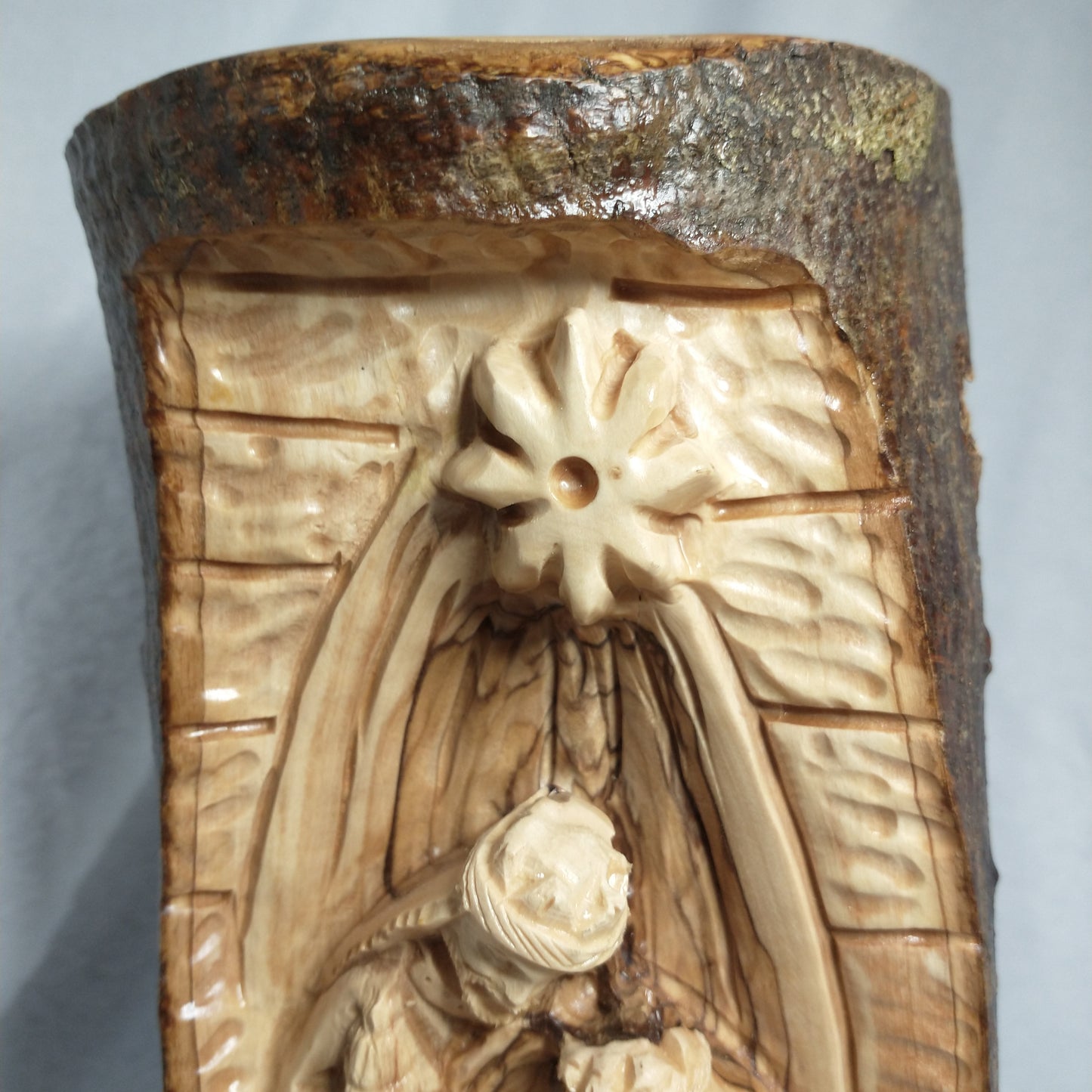 Natural branch olive wood Hand Carved Nativity Set .