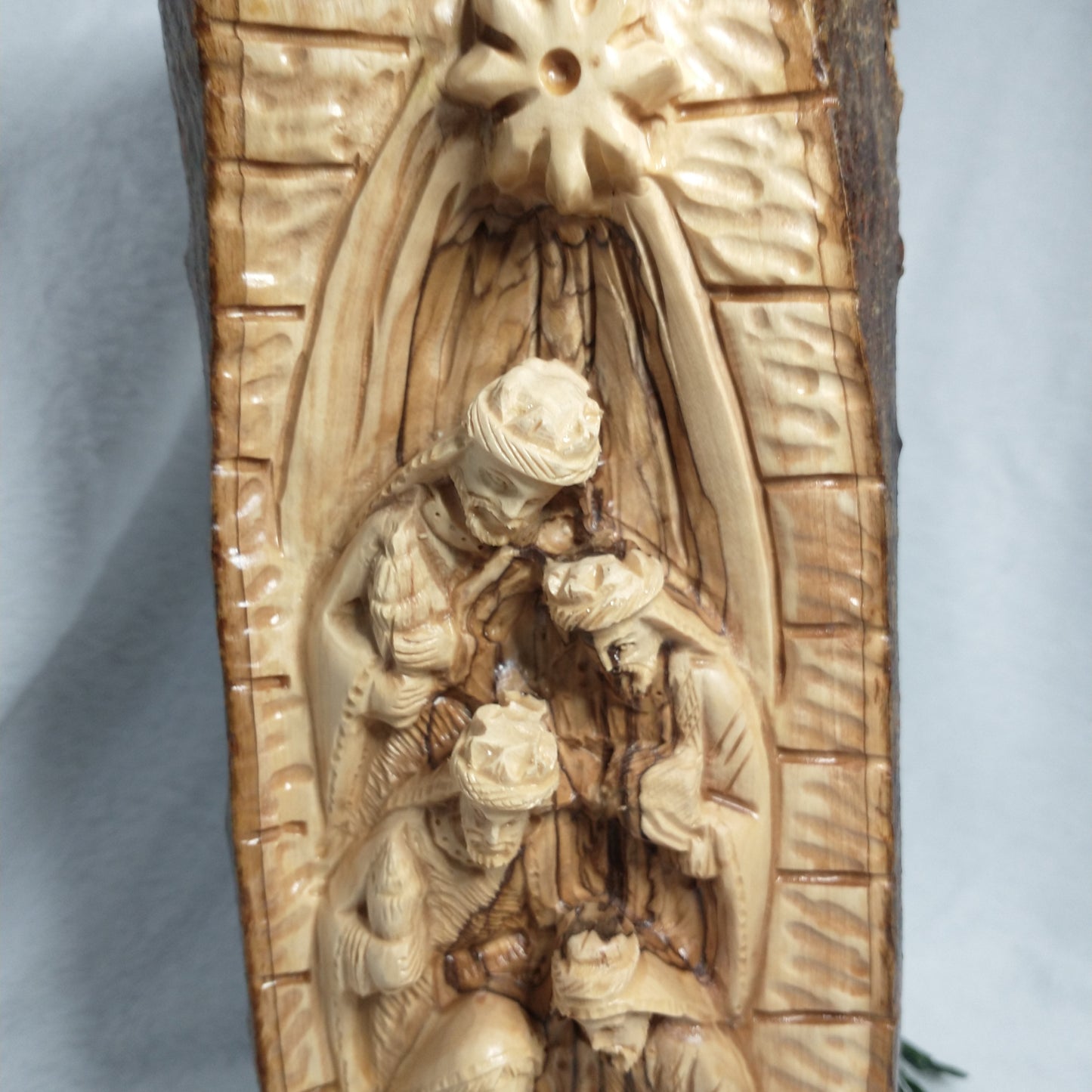 Natural branch olive wood Hand Carved Nativity Set .