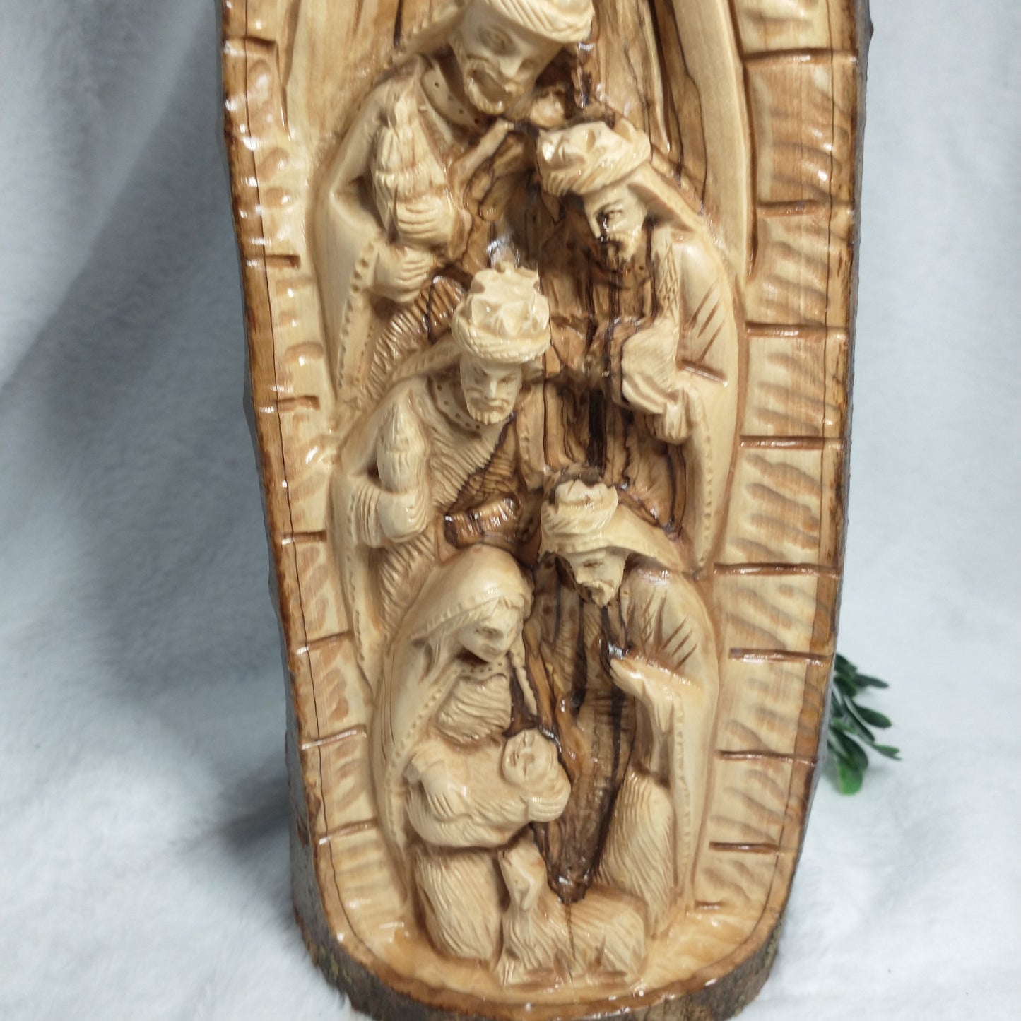 Natural branch olive wood Hand Carved Nativity Set .
