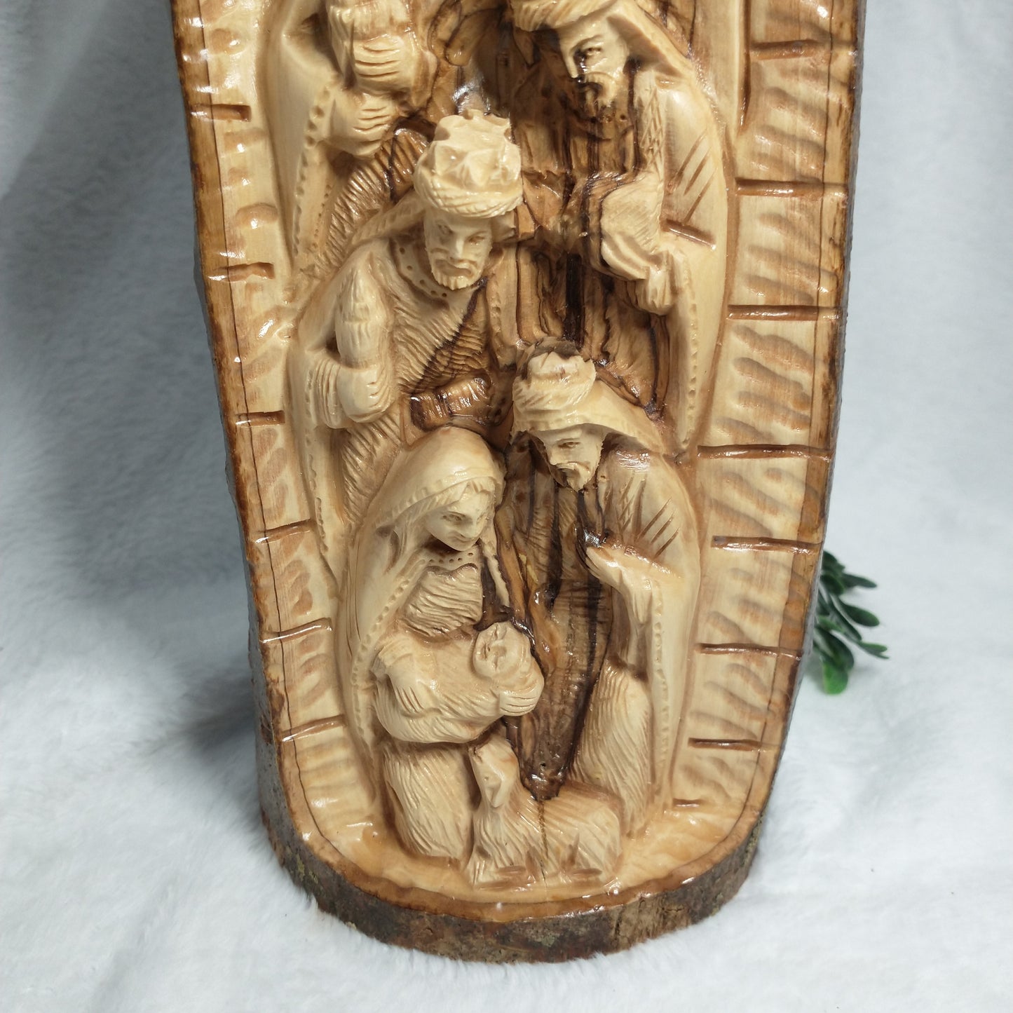 Natural branch olive wood Hand Carved Nativity Set .
