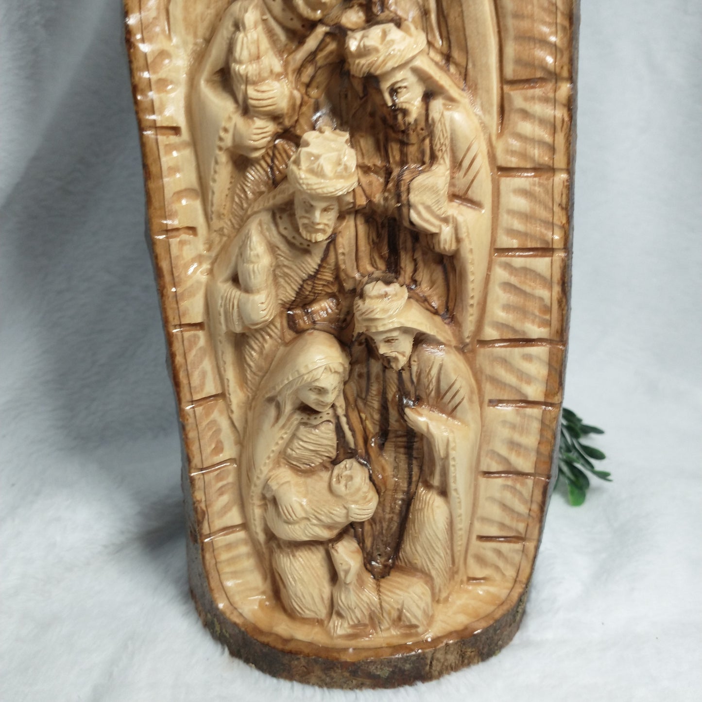 Natural branch olive wood Hand Carved Nativity Set .