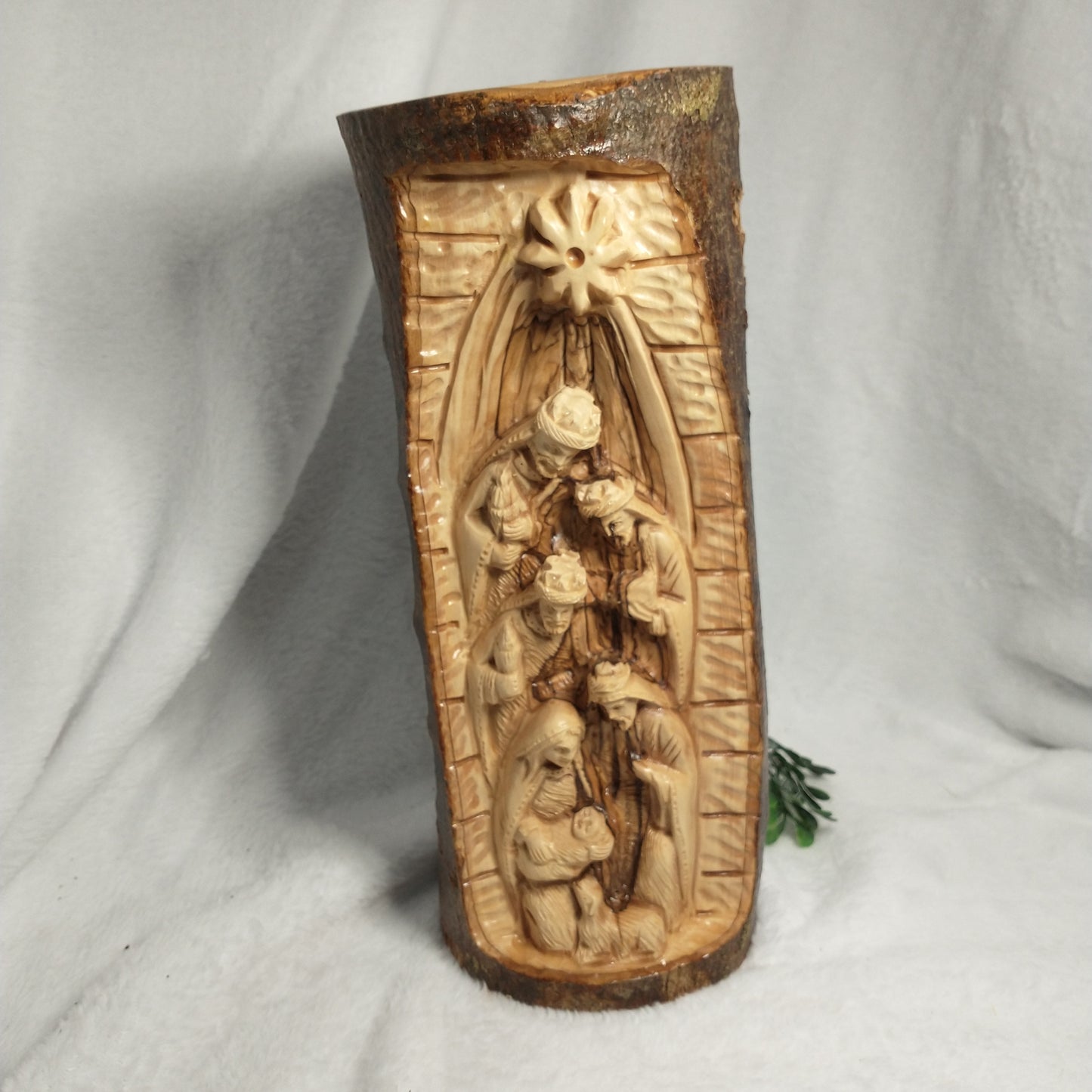 Natural branch olive wood Hand Carved Nativity Set .