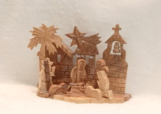 Nativity seen olive wood Hand made from the Holy Land with cross and bell