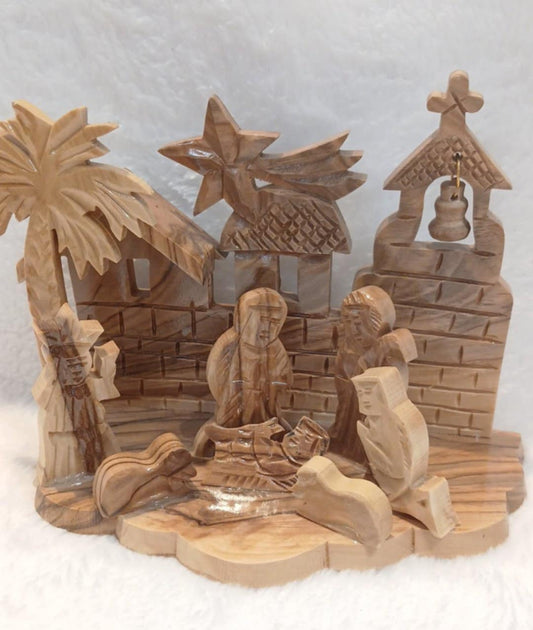 Nativity seen olive wood Hand made from the Holy Land with cross and bell