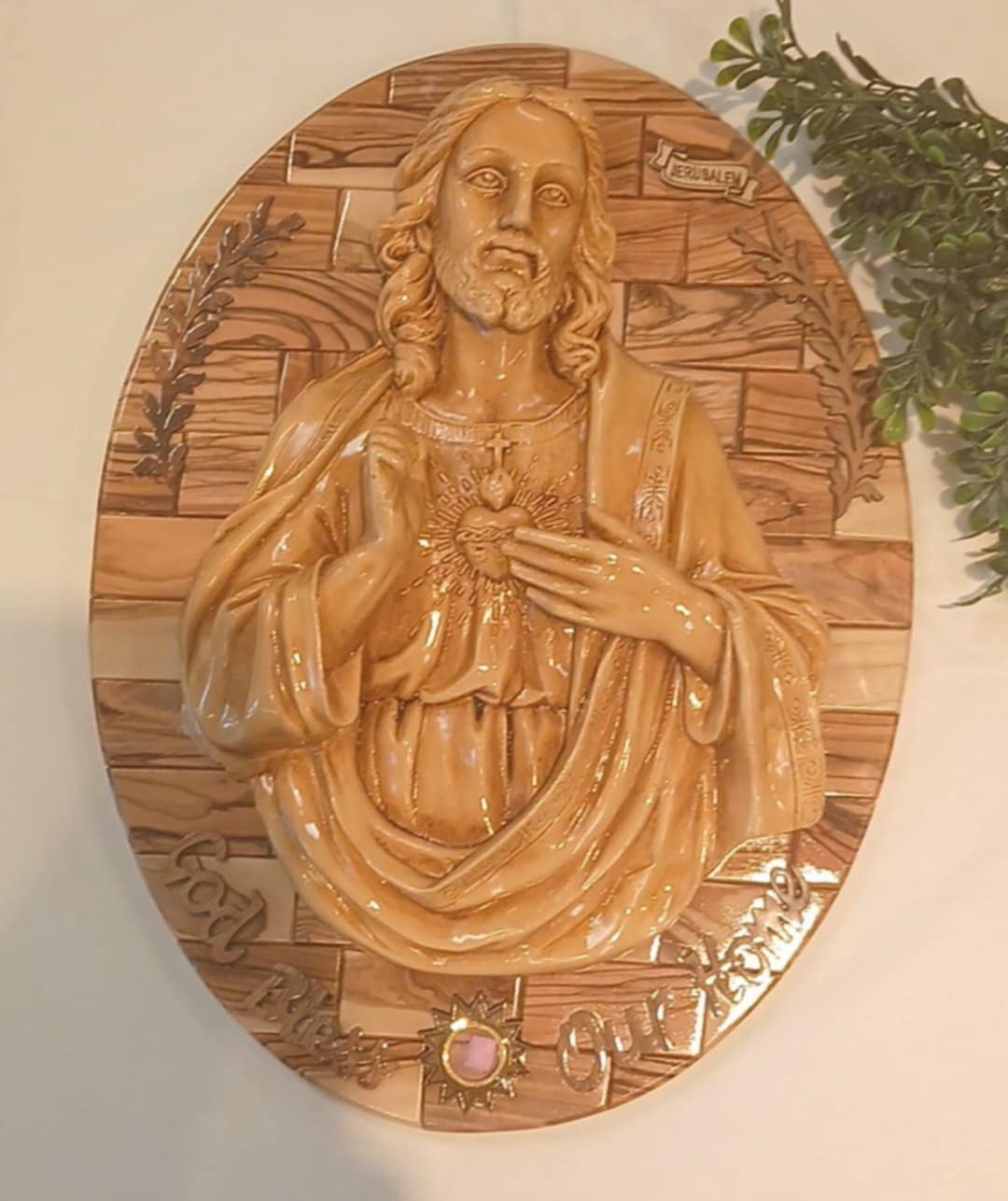 Icon, Jesus ,the Secret Heart .Olive wood ,hand made in Bethlehem/Holyland