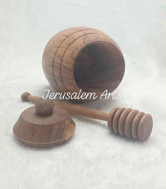 Honey jar with honey stick unique olive wood handcrafted in the HolyLand