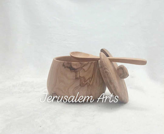 Spices jar with spoon olive wood handcrafted in the HolyLand