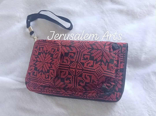 Embroidery wallet unique black and red zip purse for woman and girls also have a pocket for phone .