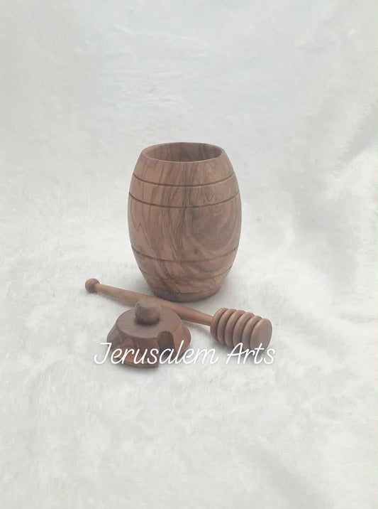 Honey jar with honey stick unique olive wood handcrafted in the HolyLand