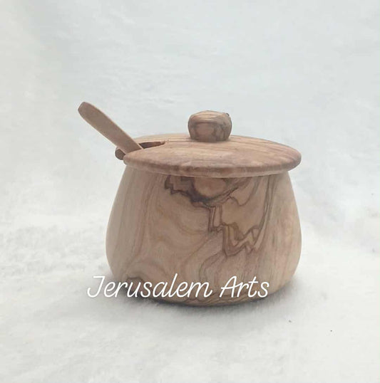Spices jar with spoon olive wood handcrafted in the HolyLand