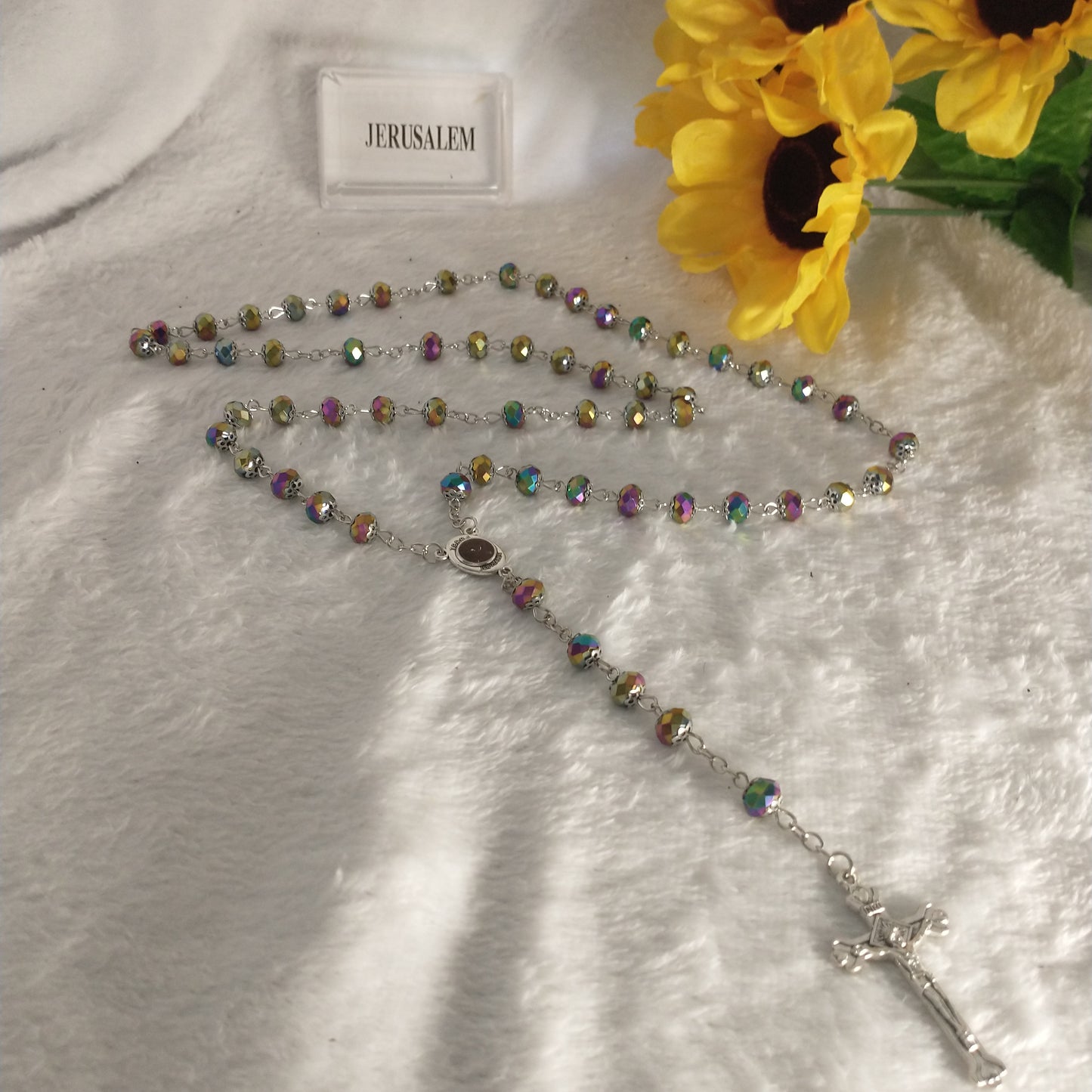 Rosary crystal multi colors with holy soil from Jerusalem