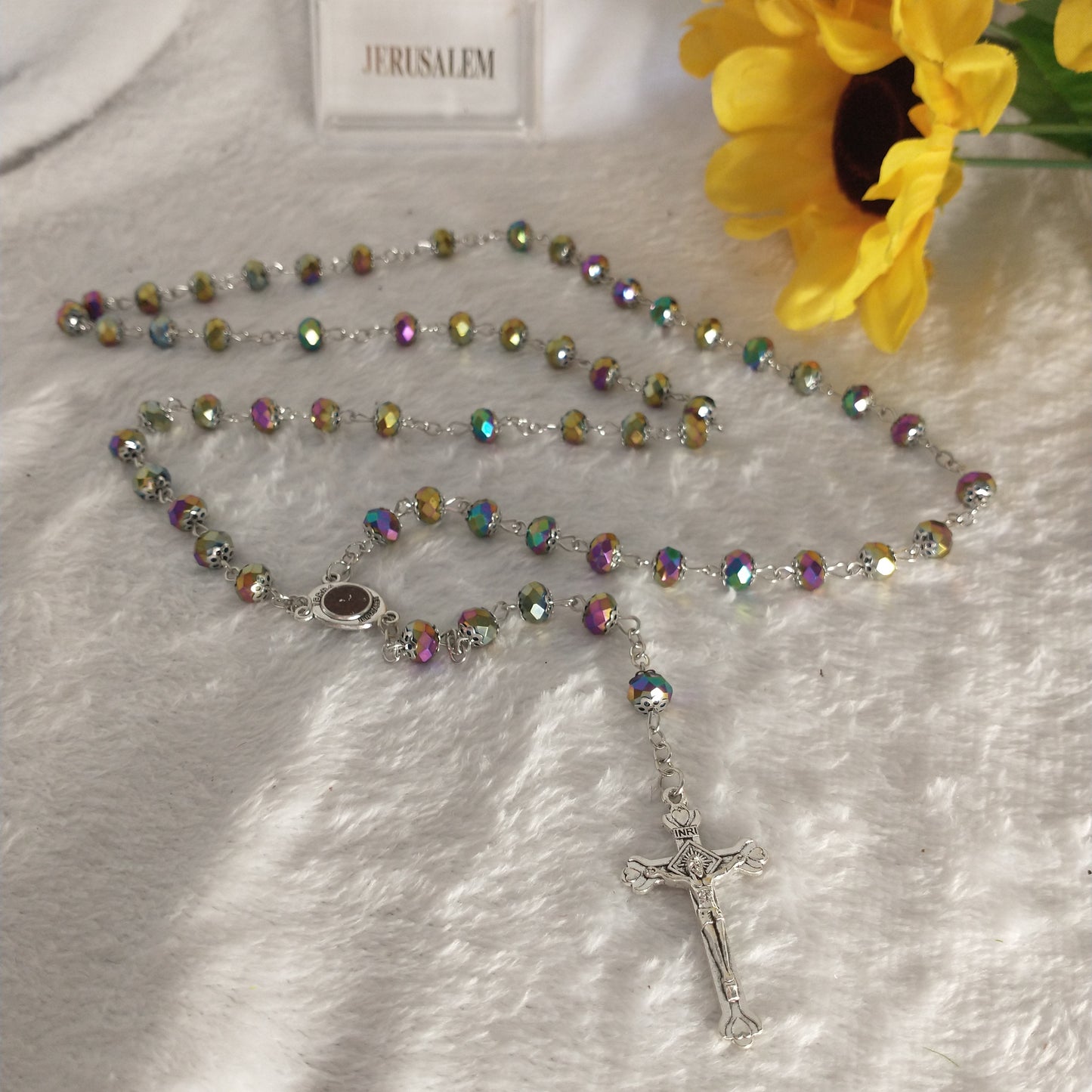 Rosary crystal multi colors with holy soil from Jerusalem