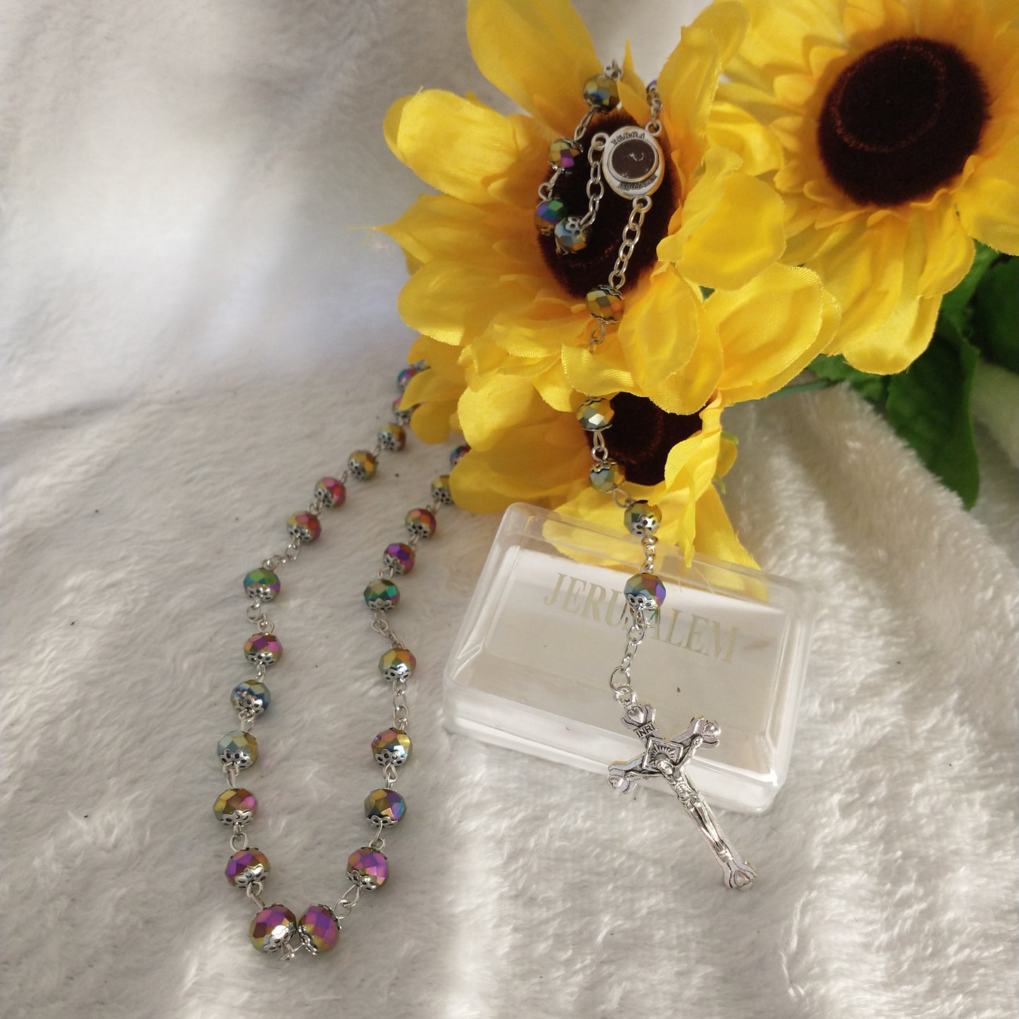 Rosary crystal multi colors with holy soil from Jerusalem